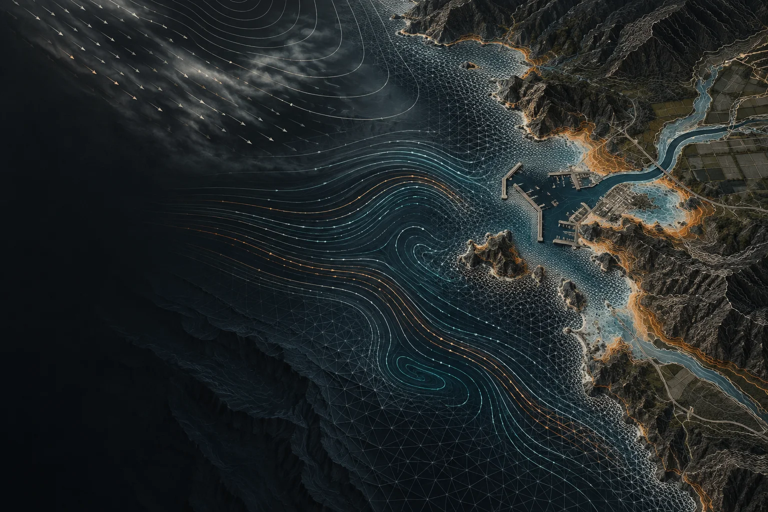 Conceptual coastal model domain with atmospheric contours, current streamlines and an unstructured mesh